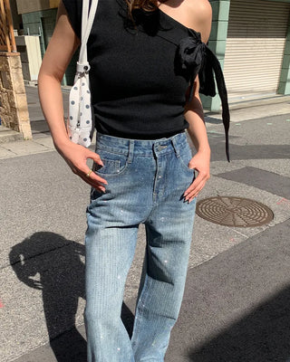 One-shoulder ribbon detail shirred blouse