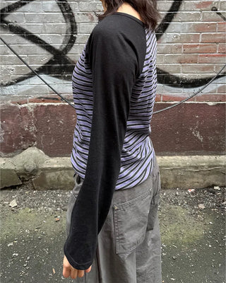 Striped Henley Neck Raglan Long T-Shirt