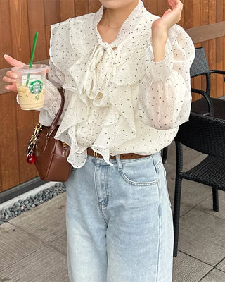 Polka Dot Ribbon Tie Frill Chiffon Blouse