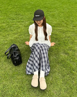 Checked elastic waist string long skirt