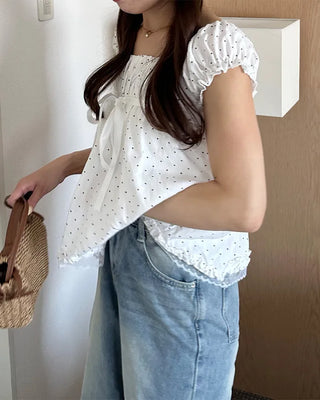 Polka Dot Ribbon Half Blouse