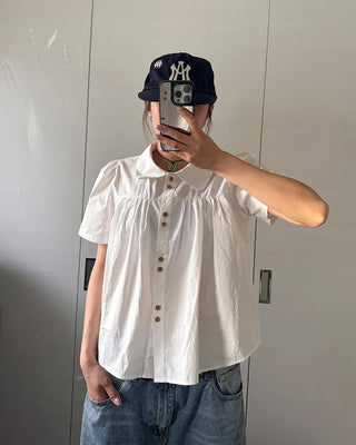 Wood Button Shirring Blouse