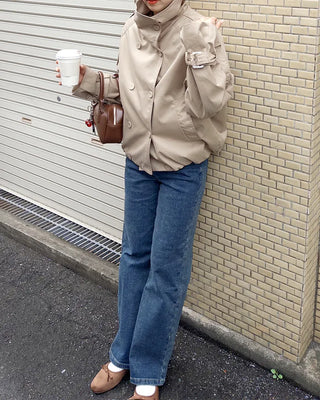 High-neck double-breasted half coat