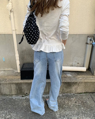 Henley neck frill long-sleeved T-shirt