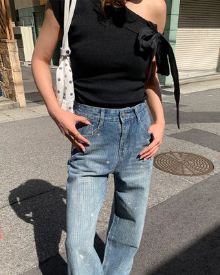 One-shoulder ribbon detail shirred blouse