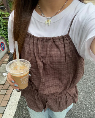 Checked sleeveless shirred blouse