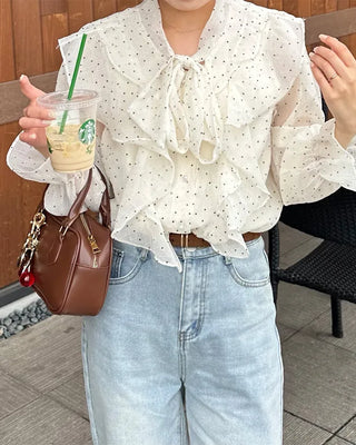 Polka Dot Ribbon Tie Frill Chiffon Blouse