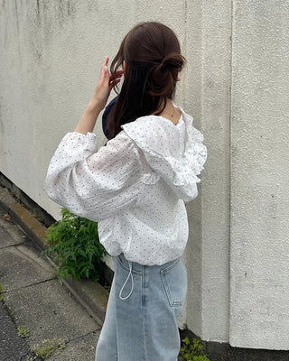 Polka Dot See-Through Frill Zip Hoodie