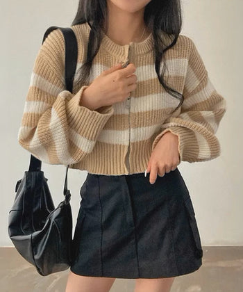 striped zipper knitted crop cardigan