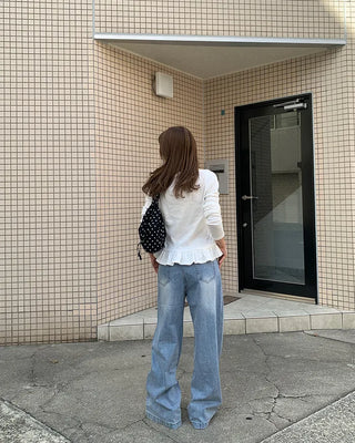 Henley neck frill long-sleeved T-shirt