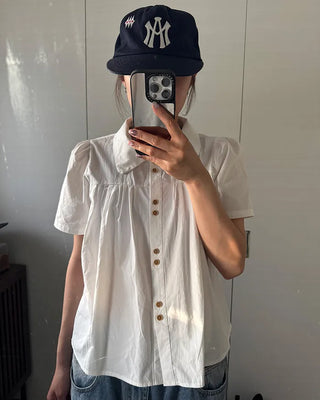 Wood Button Shirring Blouse