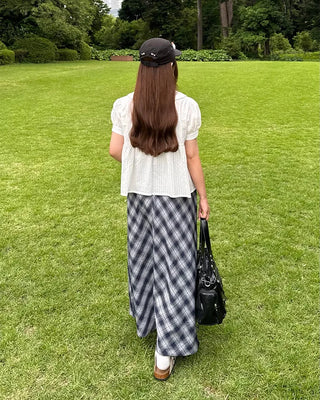 Checked elastic waist string long skirt