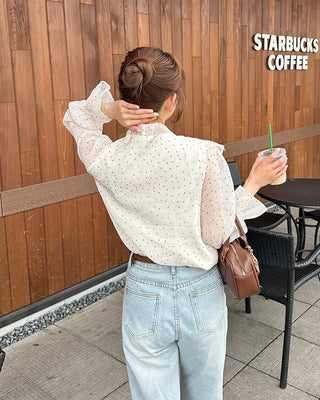 Polka Dot Ribbon Tie Frill Chiffon Blouse