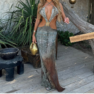 Hollow out halter self tie v neck slit cut out maxi dress