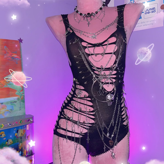 Hollow out metal chain o ring skull applique bodysuit