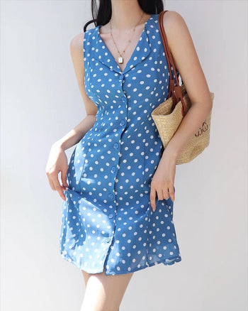 retro blue polka dot lapel dress