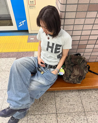 Washed balloon denim pants