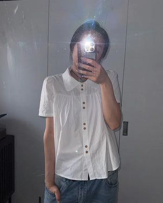 Wood Button Shirring Blouse