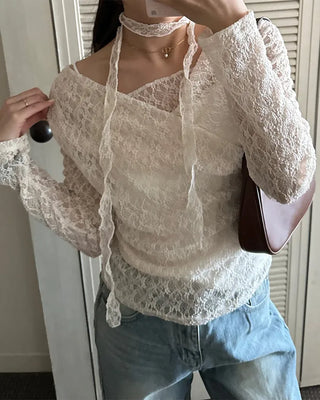 Drape neck lace T-shirt & scarf set