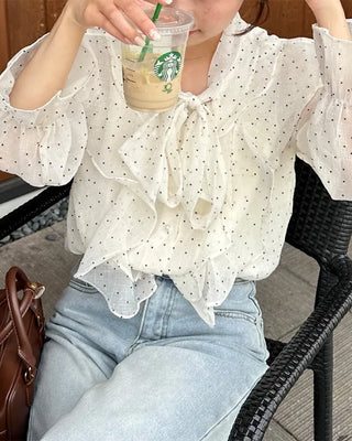Polka Dot Ribbon Tie Frill Chiffon Blouse