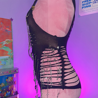 Hollow out metal chain o ring skull applique bodysuit