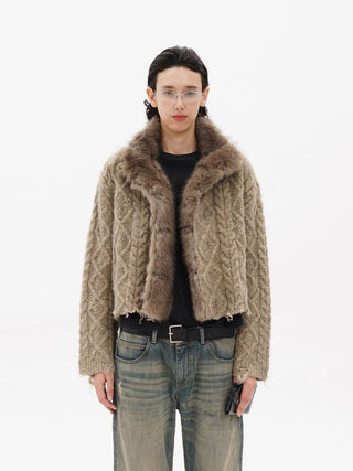 [MASONPRINCE] Cable Knit Fur Collar Wool Blend Cardigan