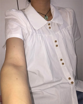 Wood Button Shirring Blouse
