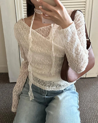 Drape neck lace T-shirt & scarf set