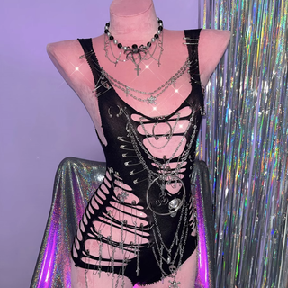 Hollow out metal chain o ring skull applique bodysuit