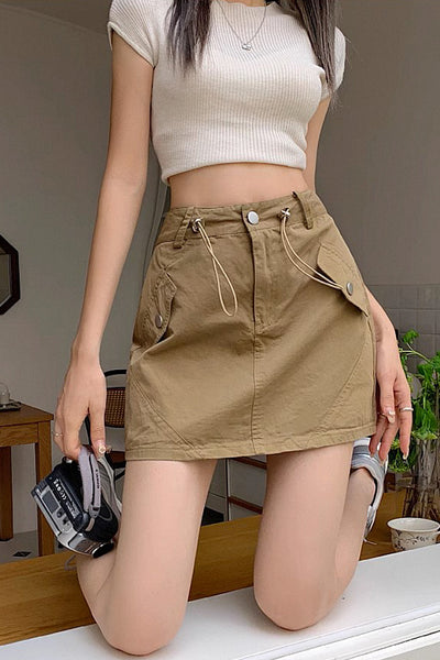 High Waist Drawstring A-Line Short Skirt with safety pants