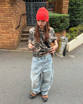 Distressed wide-leg denim