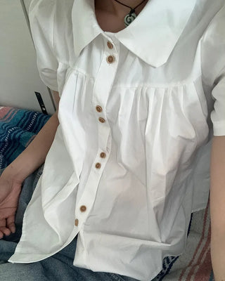 Wood Button Shirring Blouse