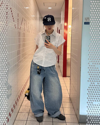 Washed balloon denim pants