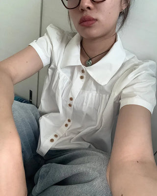 Wood Button Shirring Blouse