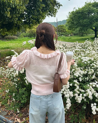 Frill neckline short-sleeved knit