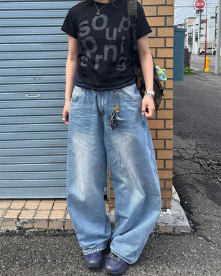 Washed balloon denim pants
