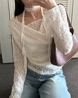 Drape neck lace T-shirt & scarf set