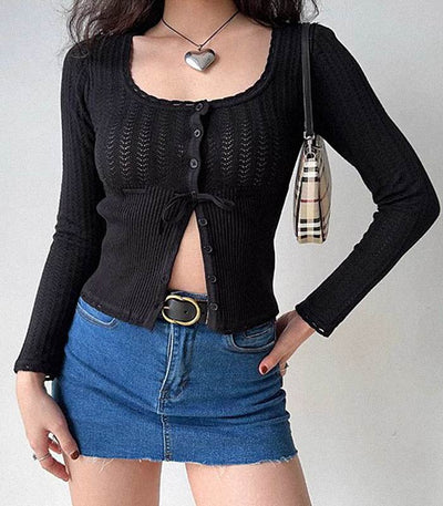 knitted u-neck hollow cardigan