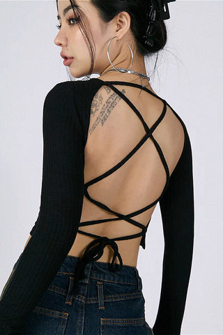 backless slim-fit v-neck long sleeve top