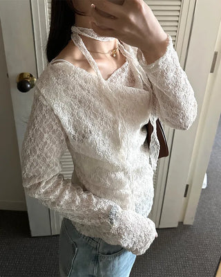 Drape neck lace T-shirt & scarf set