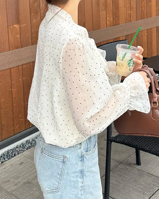 Polka Dot Ribbon Tie Frill Chiffon Blouse