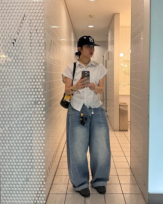 Washed balloon denim pants