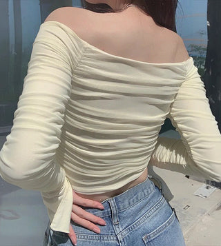 Off-Shoulder Mesh Long-Sleeved Top