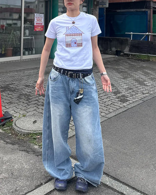 Washed balloon denim pants