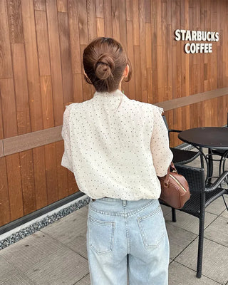 Polka Dot Ribbon Tie Frill Chiffon Blouse