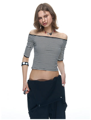 [NECY] Mono Stripe Lace Trimming Half T