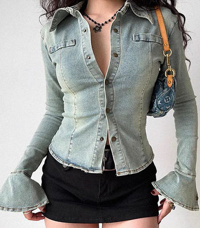 retro trumpet sleeve denim shirt