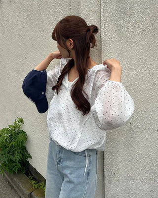 Polka Dot See-Through Frill Zip Hoodie