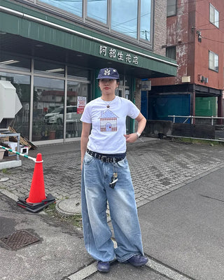 Washed balloon denim pants