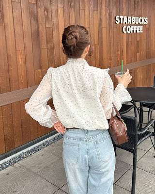 Polka Dot Ribbon Tie Frill Chiffon Blouse